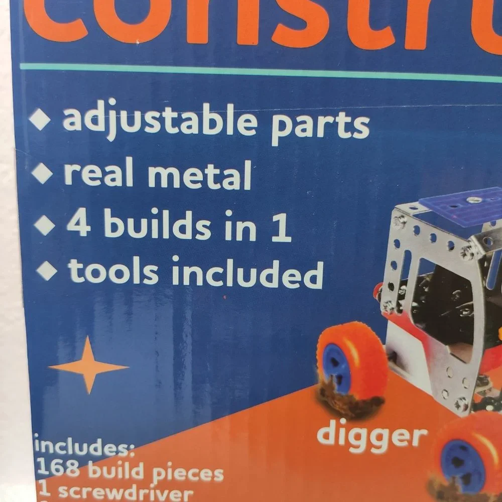 4 in 1 Pullback Construction Vehicle Building Kit 168 Pc Set Metal Tools Ages 8+
